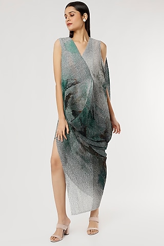 Grey Poly Georgette Cowl Dress by Abhishek Sharma