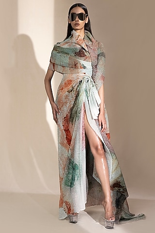 Crystal Petalite Printed Draped Top by Abhishek Sharma