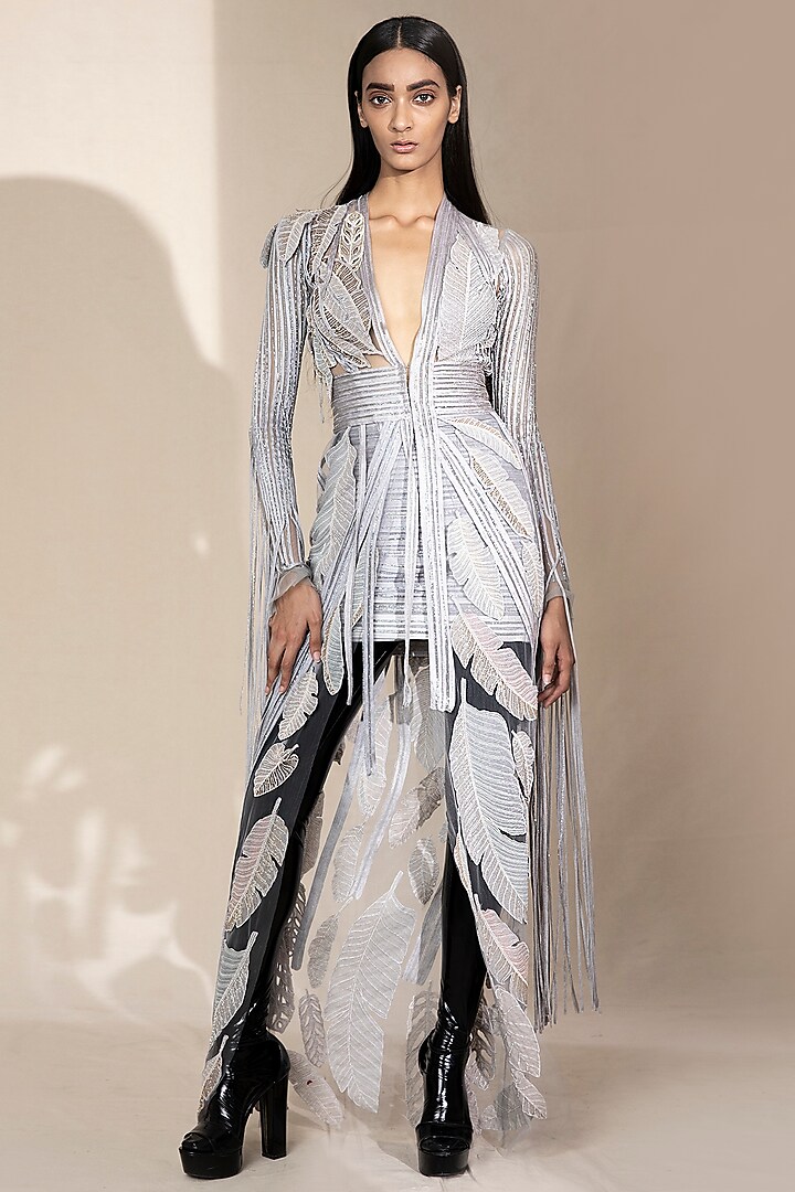 Grey Embroidered Pencil Cut Jacket Set by Abhishek Sharma