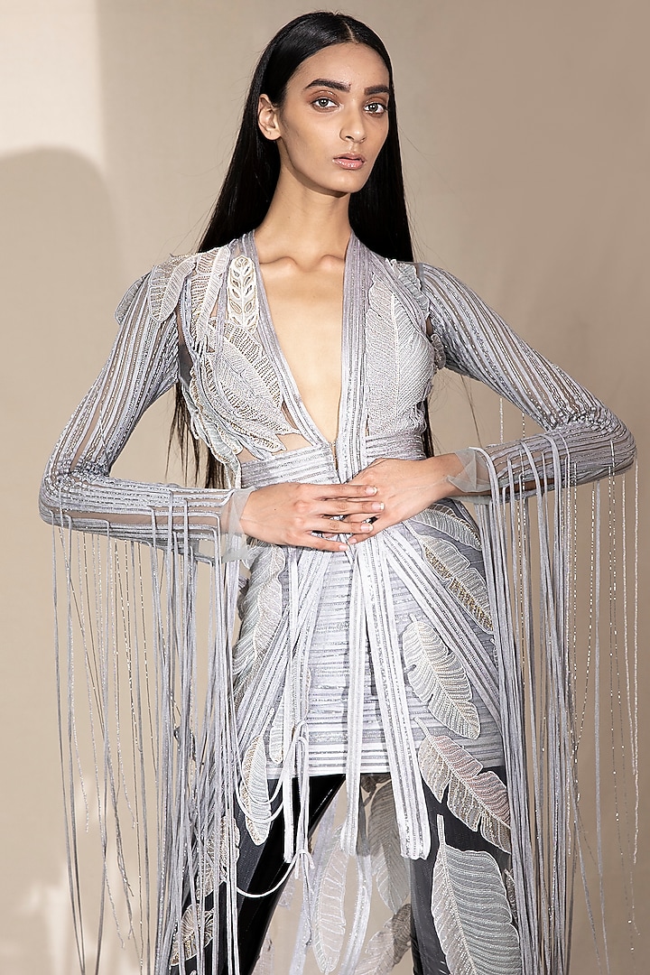 Grey Embroidered Pencil Cut Jacket Set by Abhishek Sharma at Pernia's Pop Up Shop