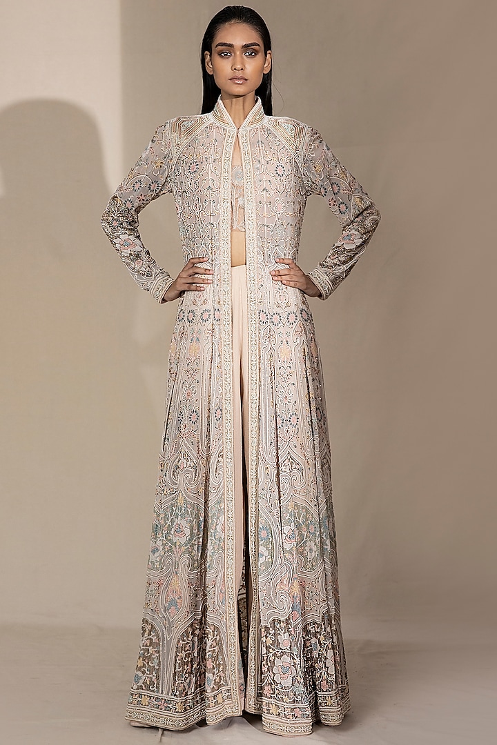 Ivory Embellished Layered Jacket Set by Abhishek Sharma