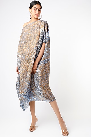 Olive Green & Powder Blue Draped Midi Dress by Abhishek Sharma