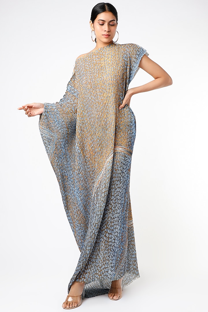 Olive Green & Powder Blue Tie-Dye Draped Midi Dress by Abhishek Sharma