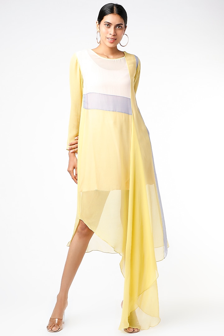 Yellow & Grey Draped Dress With Inner by Abhishek Sharma