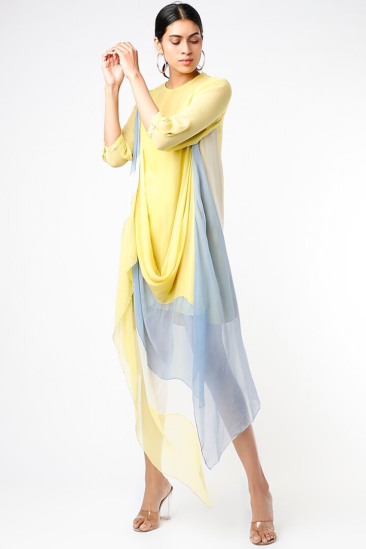 Yellow & Grey Draped Cowl Dress With Inner by Abhishek Sharma