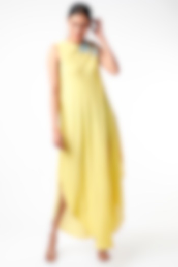 Yellow Embroidered Asymmetrical Long Tunic by Abhishek Sharma at Pernia's Pop Up Shop