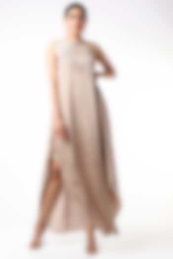 Nude Satin & Raw Silk Thread Embroidered Flared Maxi Vacation Dress by Abhishek Sharma at Pernia's Pop Up Shop
