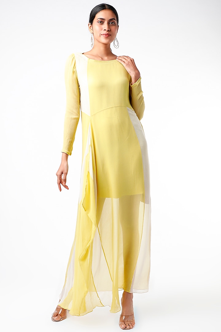 Yellow & Grey Draped Maxi Dress With Inner by Abhishek Sharma