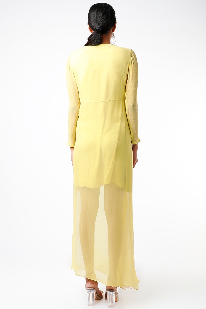 Yellow & Grey Chiffon Color-Blocked Draped Vacation Dress by Abhishek Sharma at Pernia's Pop Up Shop