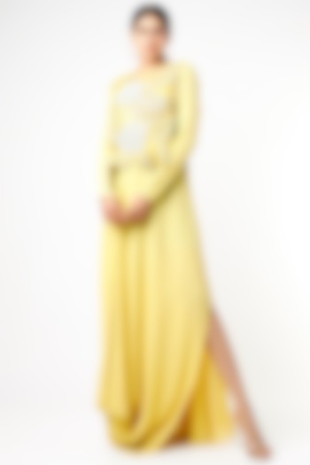 Yellow Crepe Draped Cocktail Dress With Embroidered Top by Abhishek Sharma at Pernia's Pop Up Shop