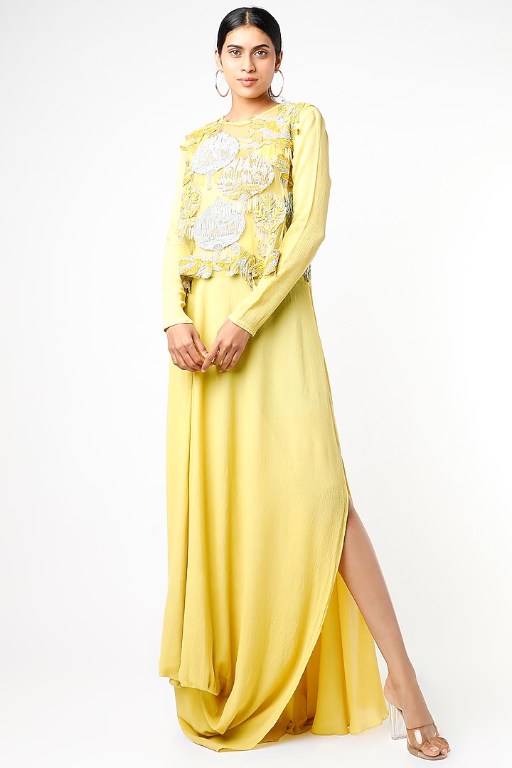 Yellow Crepe Draped Cocktail Dress With Embroidered Top by Abhishek Sharma at Pernia's Pop Up Shop