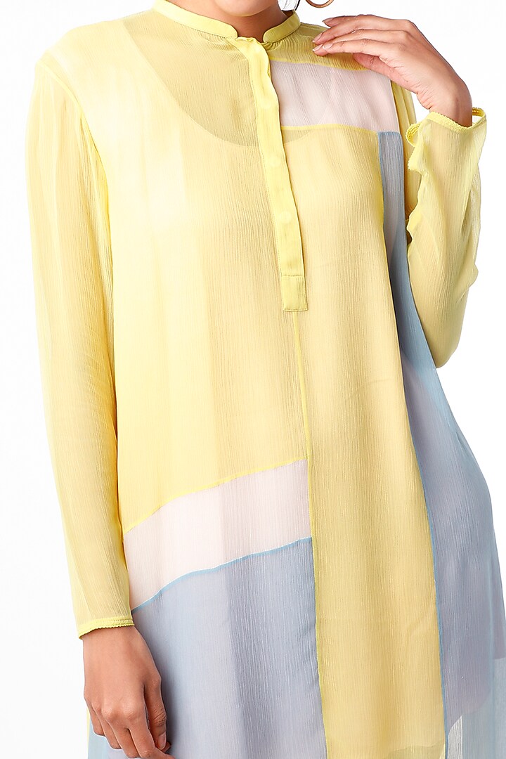 Yellow & Grey Paneled High-Low Long Tunic by Abhishek Sharma at Pernia's Pop Up Shop