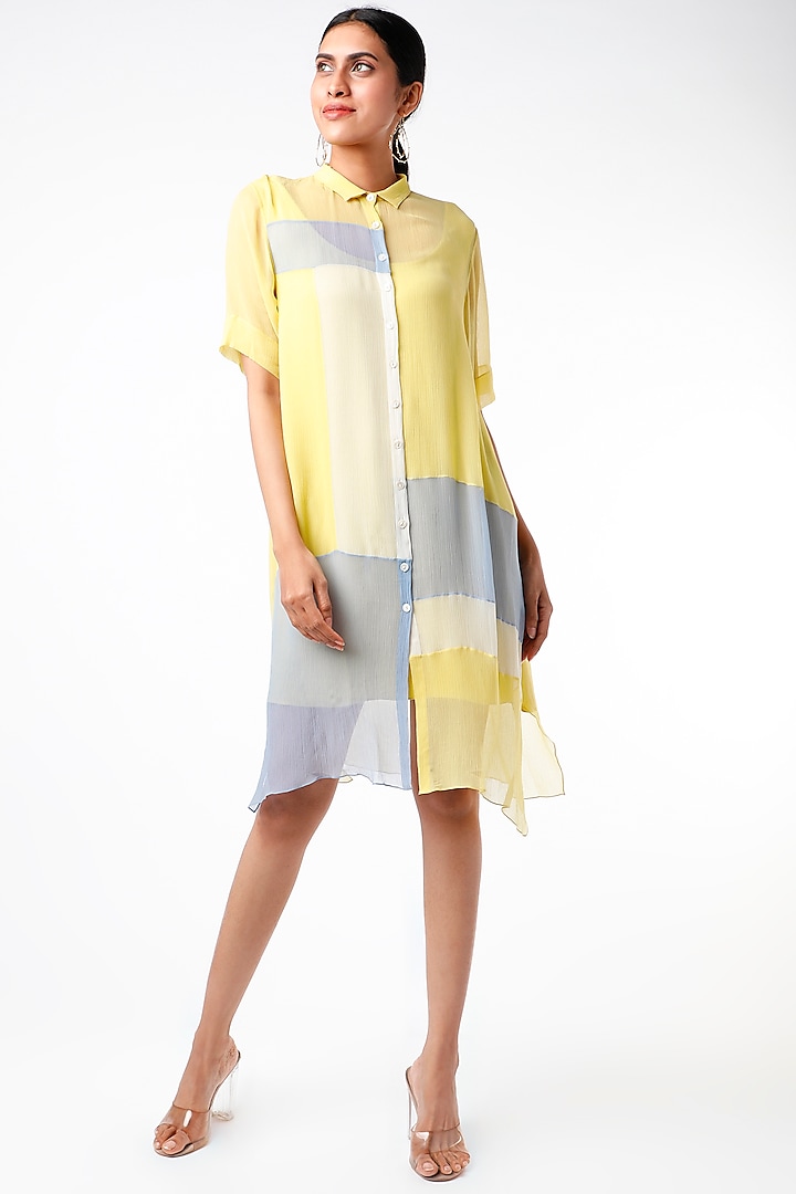 Yellow & Grey Color-Blocked Paneled Shirt Dress by Abhishek Sharma