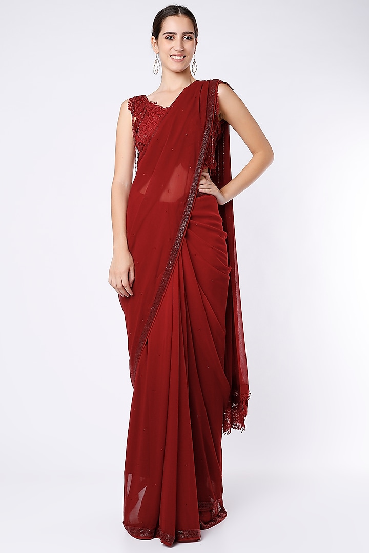 Red Saree Set With Crystals by Abhishek Sharma