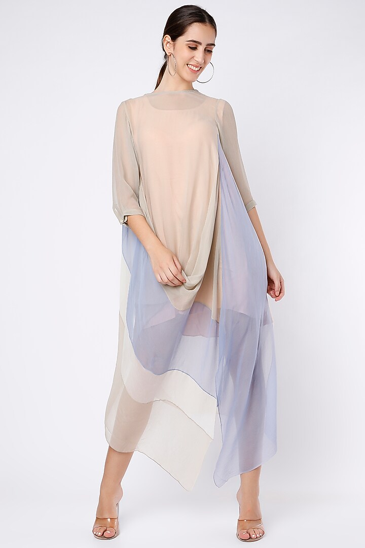 Grey Color Blocked Draped Cowl Vacation Dress by Abhishek Sharma at Pernia's Pop Up Shop