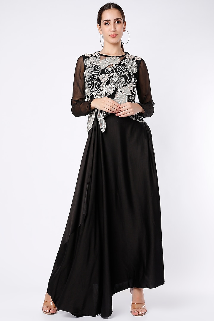Black Embroidered Draped Cowl Dress by Abhishek Sharma