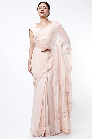Peach Embroidered Saree Set by Abhishek Sharma