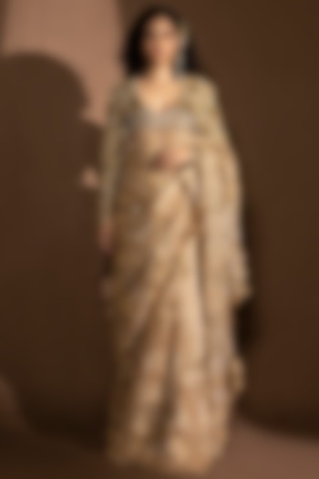 Gold Silk Chanderi Thread Embroidered Jacket Bridal Saree Set by Abhishek Sharma at Pernia's Pop Up Shop