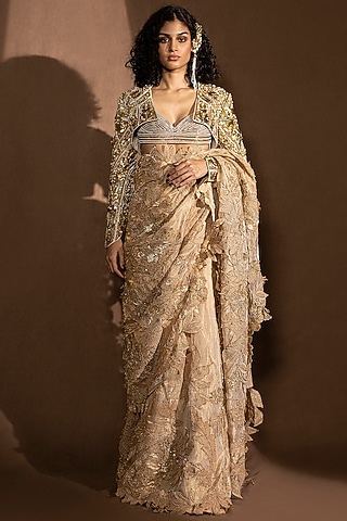 Gold Silk Chanderi Thread Embroidered Jacket Saree Set by Abhishek Sharma