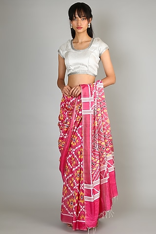 Blush Pink Single Weft Ikat Mulberry Silk Saree Set by Abir Pal