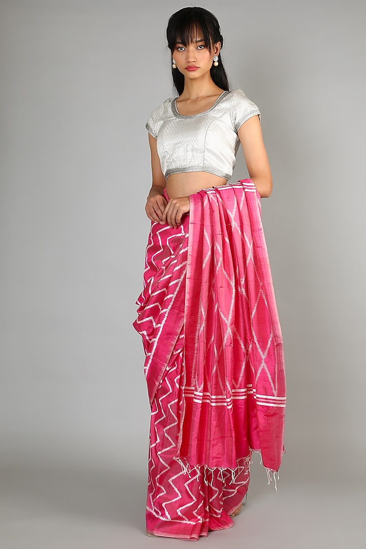 Blush Pink Single Weft Mulberry Silk Saree Set by Abir Pal