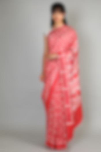 Red Single Weft Ikat Mulberry Silk Saree Set by Abir Pal