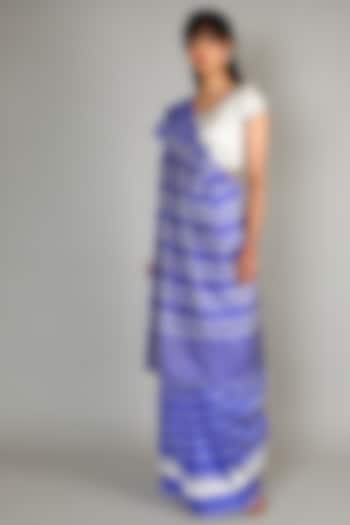 Cobalt Blue Single Weft Ikat Mulberry Silk Saree Set by Abir Pal
