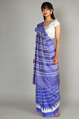 Cobalt Blue Single Weft Ikat Mulberry Silk Saree Set by Abir Pal