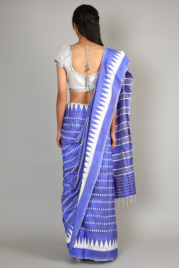 Cobalt Blue Single Weft Ikat Mulberry Silk Saree Set by Abir Pal at Pernia's Pop Up Shop