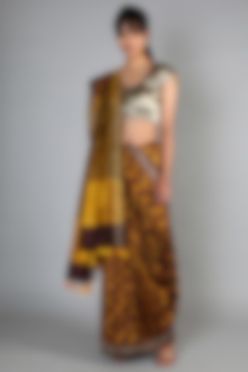 Gold Single Weft Ikat Mulberry Silk Saree Set by Abir Pal
