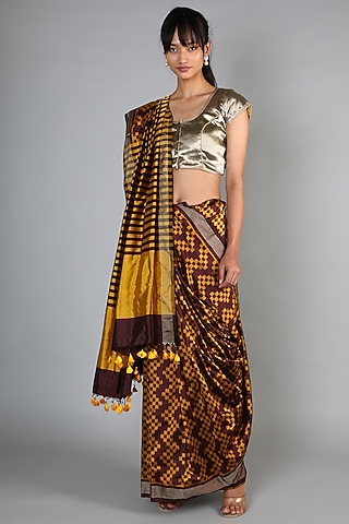Gold Single Weft Ikat Mulberry Silk Saree Set by Abir Pal