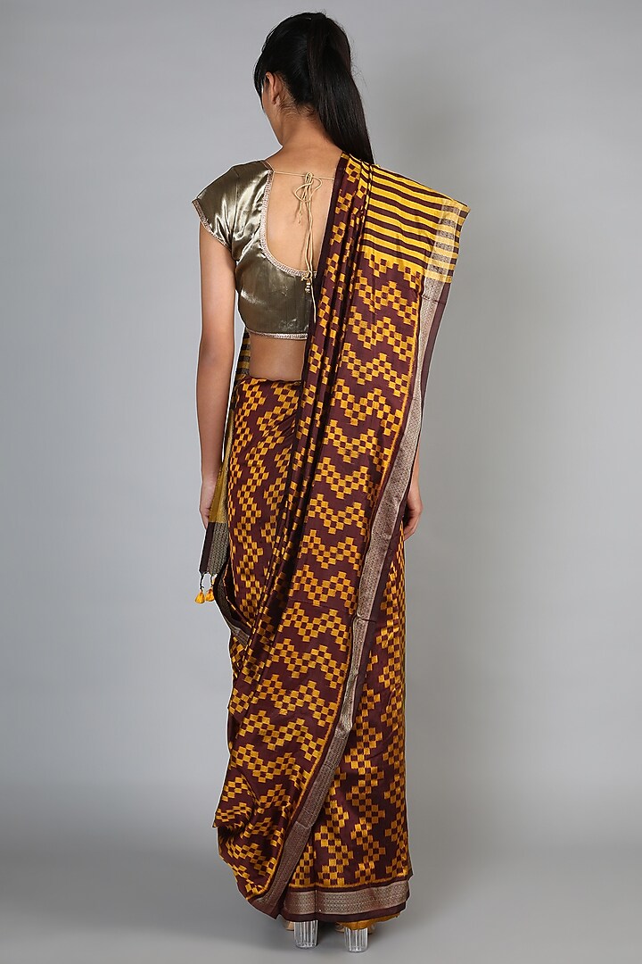 Gold Single Weft Ikat Mulberry Silk Saree Set by Abir Pal at Pernia's Pop Up Shop