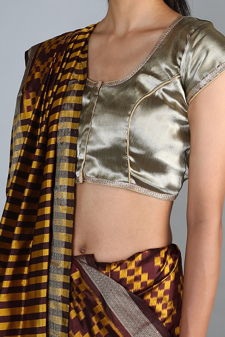 Gold Single Weft Ikat Mulberry Silk Saree Set by Abir Pal at Pernia's Pop Up Shop
