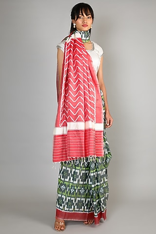 Mehendi Green Single Weft Ikat Mulberry Silk Saree Set by Abir Pal