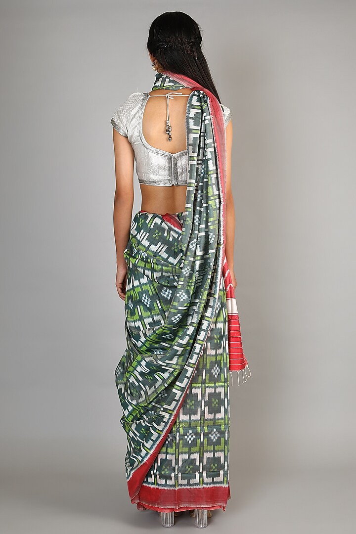 Mehendi Green Single Weft Ikat Mulberry Silk Saree Set by Abir Pal at Pernia's Pop Up Shop