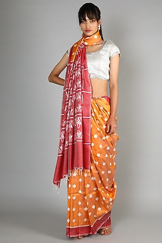 Mustard Single Weft Ikat Mulberry Silk Saree Set by Abir Pal
