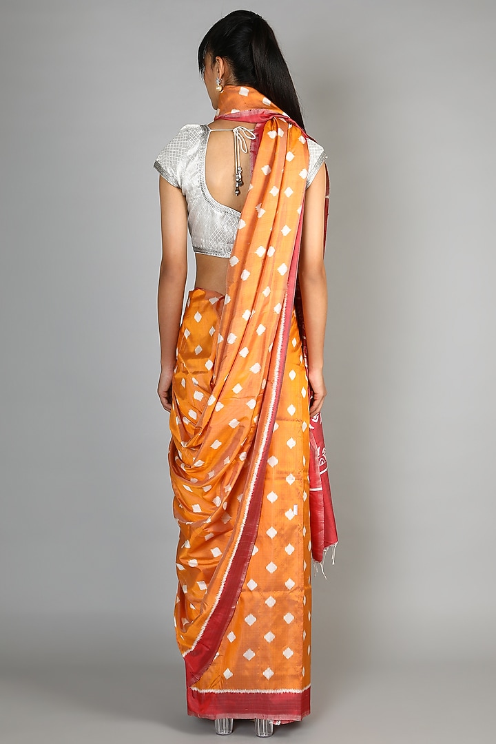 Mustard Single Weft Ikat Mulberry Silk Saree Set by Abir Pal at Pernia's Pop Up Shop