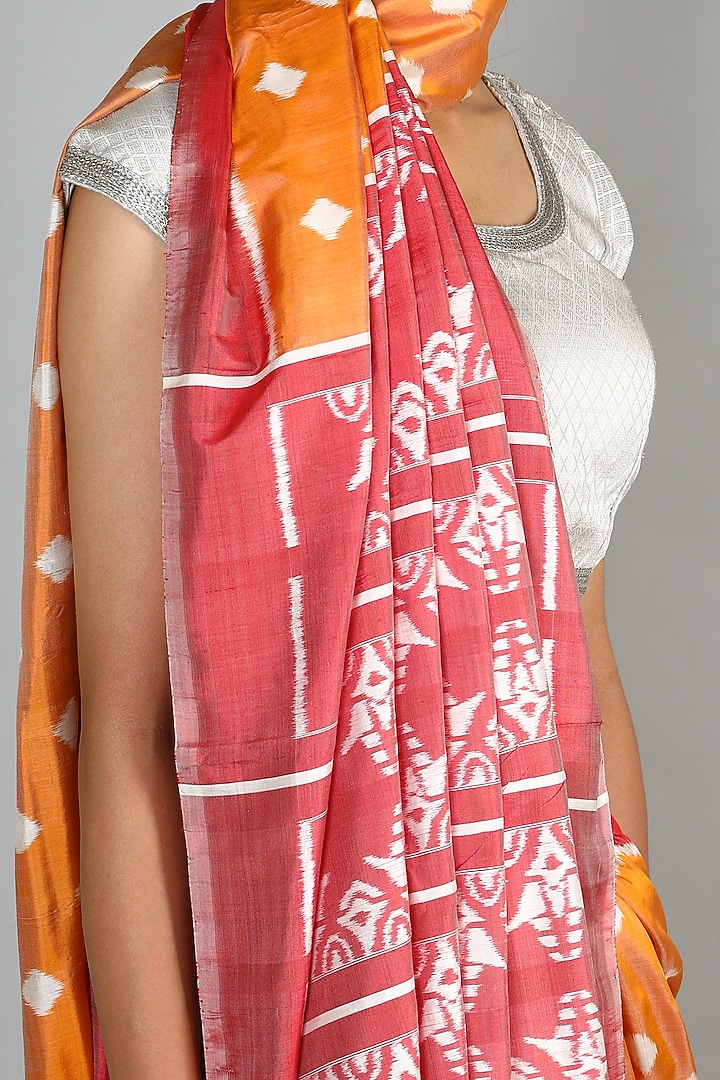 Mustard Single Weft Ikat Mulberry Silk Saree Set by Abir Pal at Pernia's Pop Up Shop