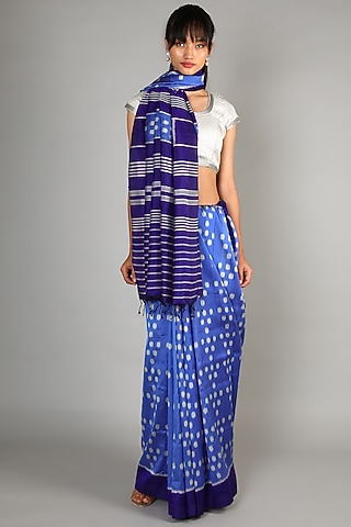 Cobalt Blue Single Weft Mulberry Silk Saree Set by Abir Pal