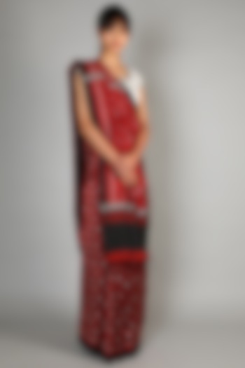 Red Mulberry Silk Single Weft Ikat Saree Set by Abir Pal