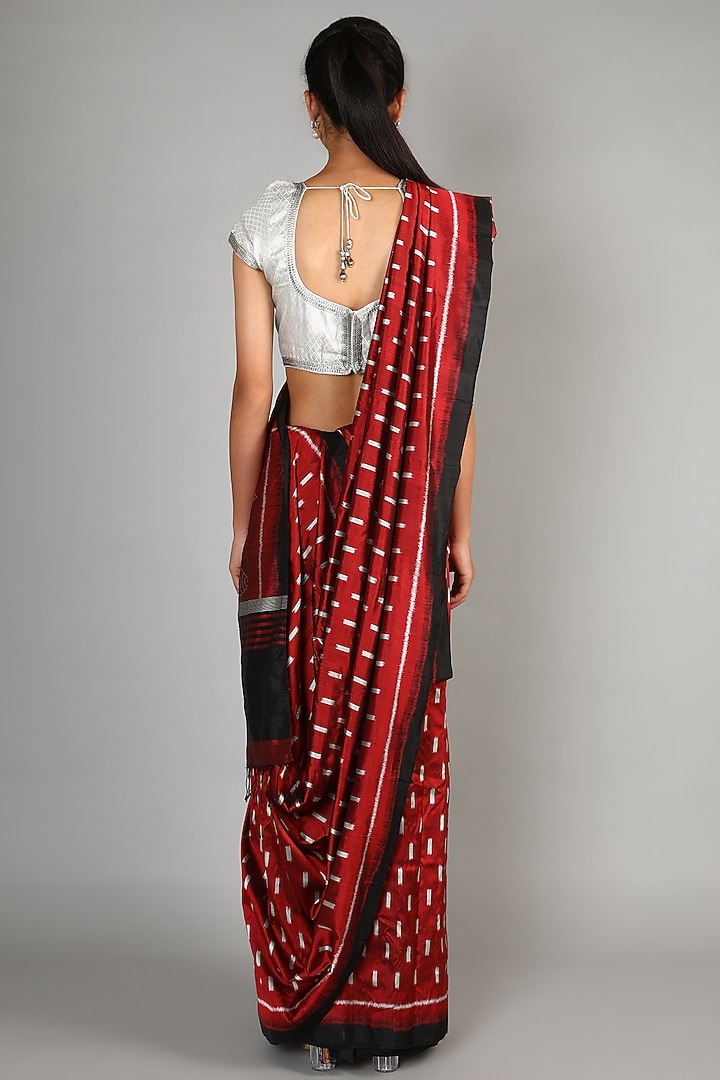 Red Mulberry Silk Single Weft Ikat Saree Set by Abir Pal at Pernia's Pop Up Shop
