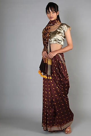 Maroon Single Weft Ikat Mulberry Silk Saree Set by Abir Pal
