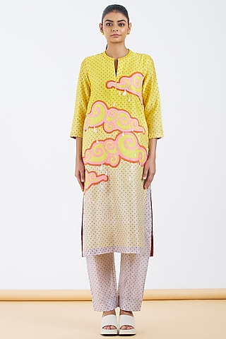Yellow Shaded Silk Chanderi Polka Hand Block Printed Kurta Set by Abhjeet Khanna