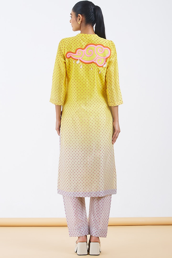 Yellow Shaded Silk Chanderi Polka Hand Block Printed Kurta Set by Abhjeet Khanna at Pernia's Pop Up Shop