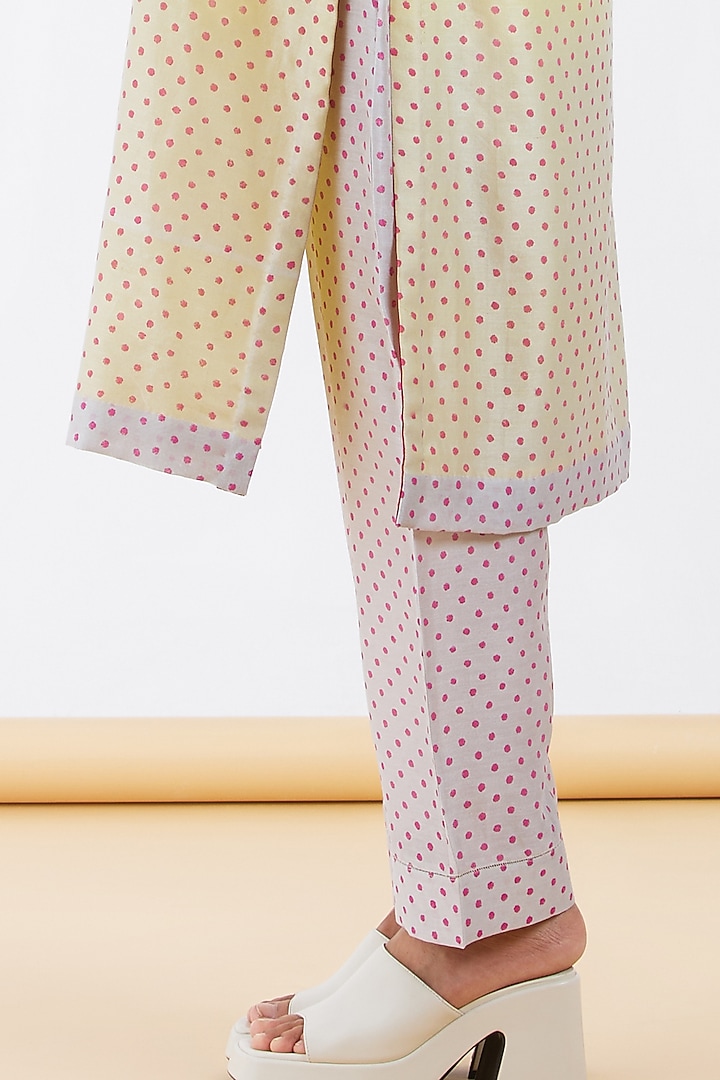 Yellow Shaded Silk Chanderi Polka Hand Block Printed Kurta Set by Abhjeet Khanna at Pernia's Pop Up Shop