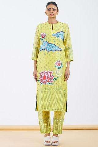 Yellow Silk Chanderi Polka Hand Block Printed Kurta Set by Abhjeet Khanna