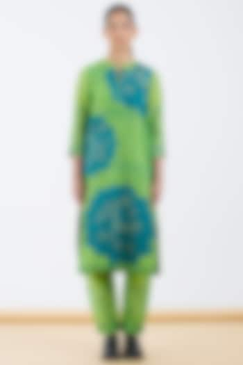 Green Silk Chanderi Block Printed Kurta Set by Abhjeet Khanna at Pernia's Pop Up Shop