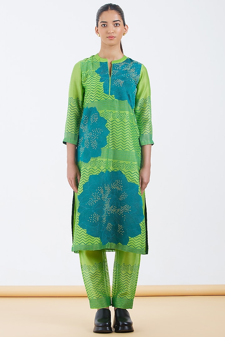 Green Silk Chanderi Block Printed Kurta Set by Abhjeet Khanna at Pernia's Pop Up Shop