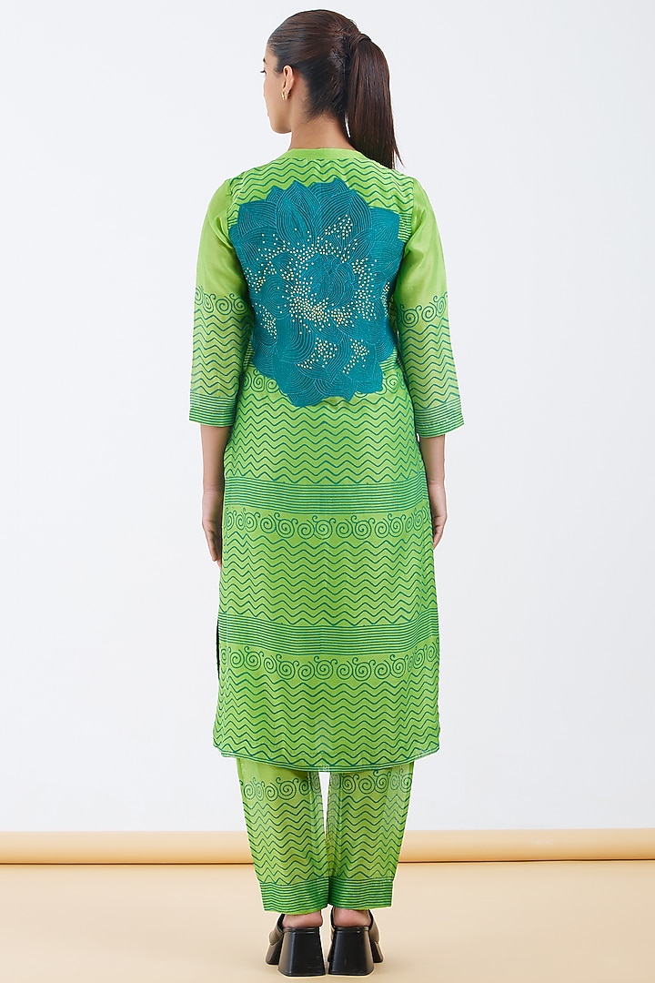 Green Silk Chanderi Block Printed Kurta Set by Abhjeet Khanna at Pernia's Pop Up Shop