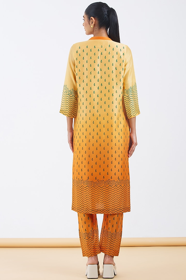 Orange Shaded Silk Chanderi Hand Embroidered Kurta Set by Abhjeet Khanna at Pernia's Pop Up Shop